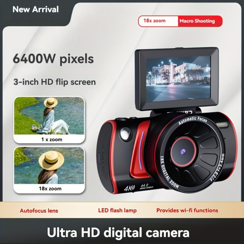 4K Vlogging Camera 48MP Digital Camera with WiFi 3" 180° Flip Screen 16x Zoom Auto Focus Anti-Shake Built-in Fill Light for YouTube Live Streaming Beginners with 32GB SD Card