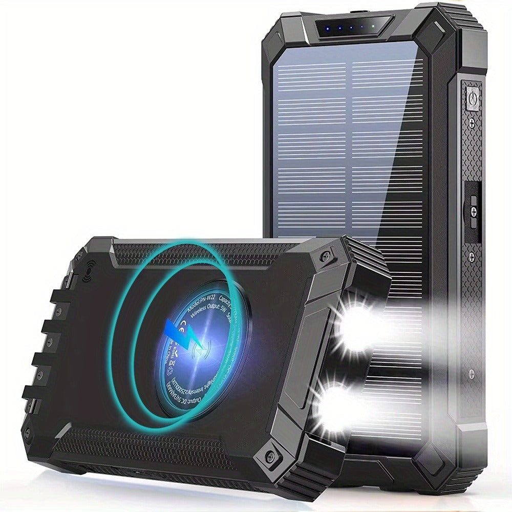 Solar Power Bank 40000mAh with Built-in 4 Cables & 15W Wireless Charging – 6 Outputs 3 Inputs Dual LED Flashlight Portable Charger for iPhone Android Tablets Camping Travel Emergency