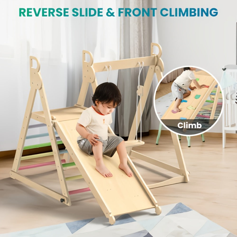 Foldable Indoor Wooden Jungle Gym for Toddlers – 4-in-1 Climbing Frame with Swing, Slide & Ladder | Ages 18M+ | Rainbow & Blue | Kids Indoor Playset for Cognitive Development & Active Play