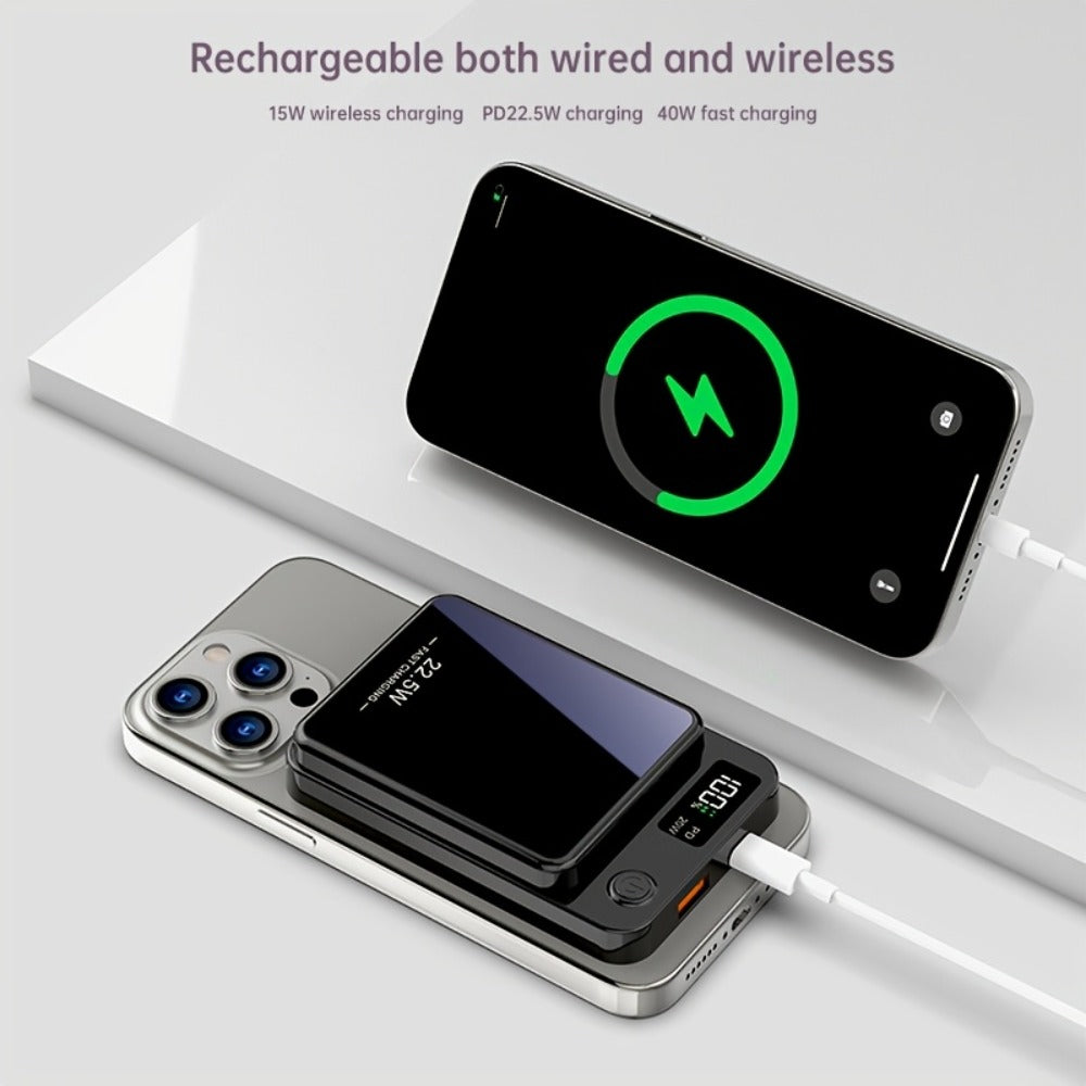 Magnetic Wireless Power Bank 10000mAh MagSafe Compatible 22.5W USB-C Fast Charging with LED Display – Portable Snap-On Battery Pack for iPhone 16 15 14 13 12 Series & Android Smartphones