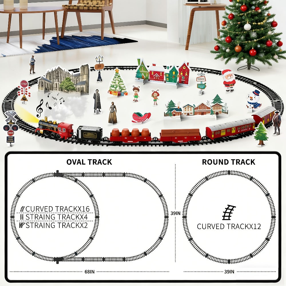 Electric Train Set with Smoke, Lights & Sound – 6-Car Christmas Toy Train with Switch Tracks