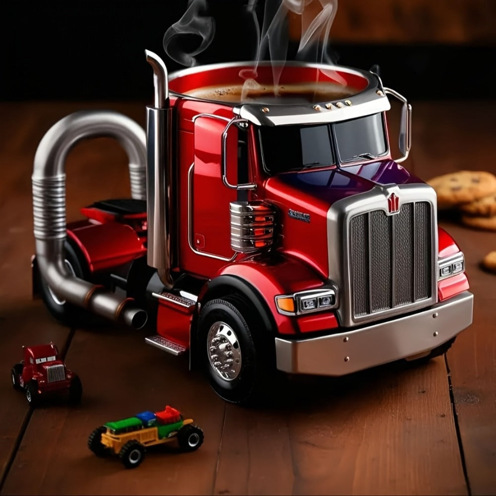 Semi Truck Coffee Mug Handmade Semi-Truck Shaped Cup – Creative Novelty Coffee Tea Mug, Unique Trucker Gift for Men, Truck Drivers & Coffee Lovers – Blue & Black