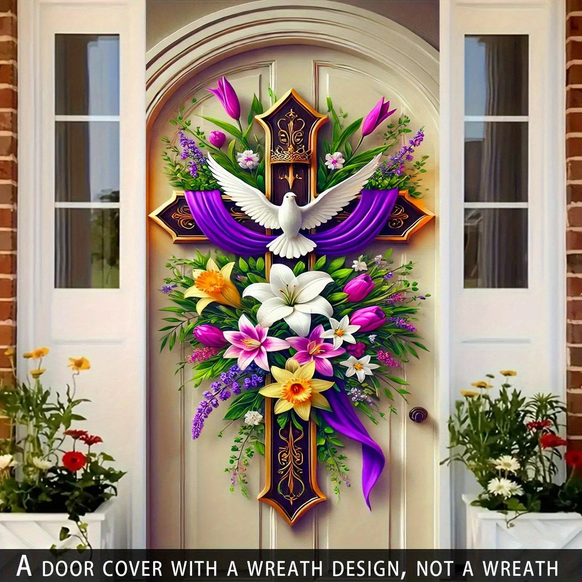 Easter Door Curtain Decoration 35.4x70.8 Inch, Colorful Spring Door Hanging with Dove Floral Cross Pattern, Polyester 2D Flat No-Power Door Curtain Set for Entrance Room Home Party Easter Decor