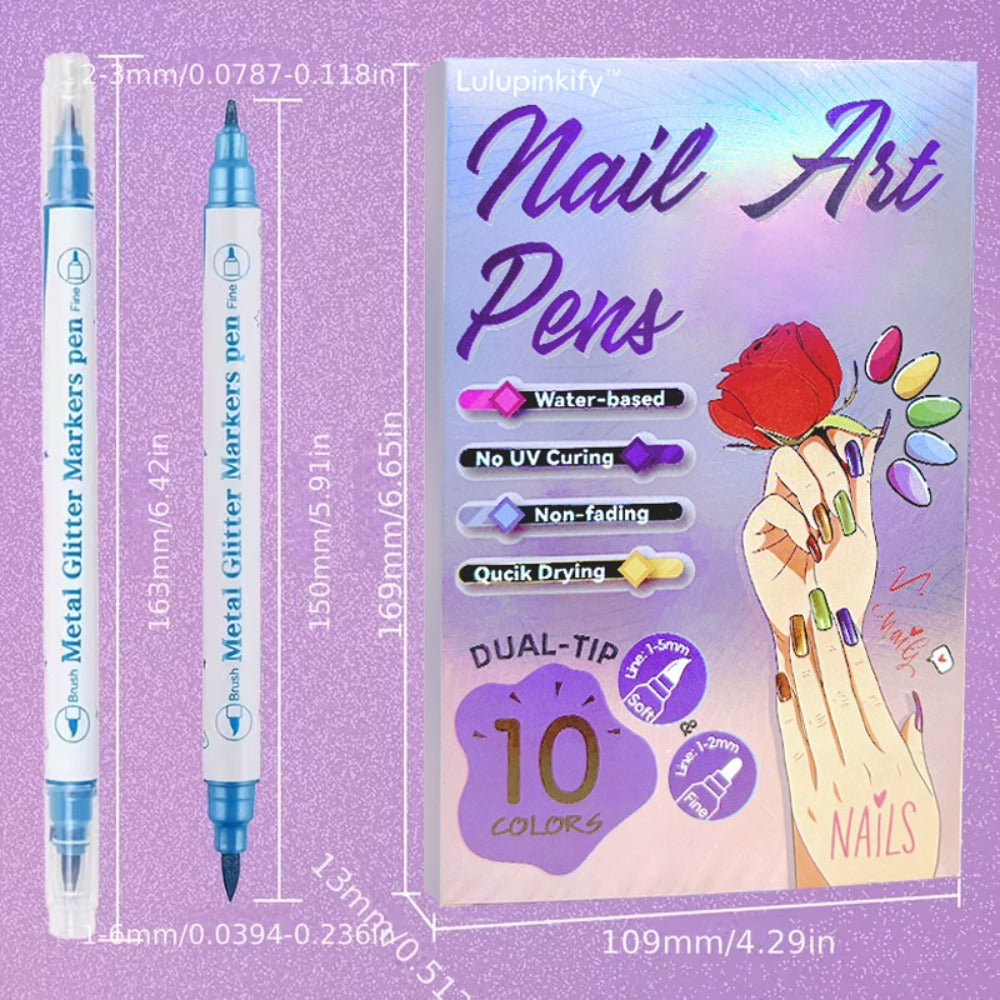 Nail Art Pens Set 10 Metallic Colors with 12pcs Nail Stickers - Dual-Headed 3D Acrylic Polish Markers for Doodle Dot Line Stitching Graffiti Designs, Home Salon Gift for Women Girls