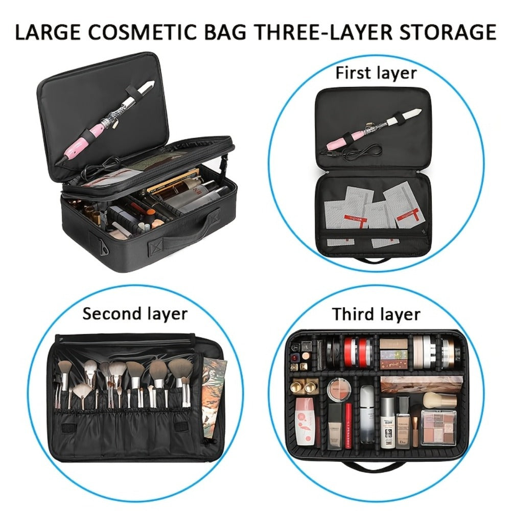 Professional Makeup Train Case 3-Layer 15.8 Inch Large Cosmetic Organizer with Adjustable Dividers Brush Holder Shoulder Strap for Makeup Artist Travel Studio Black