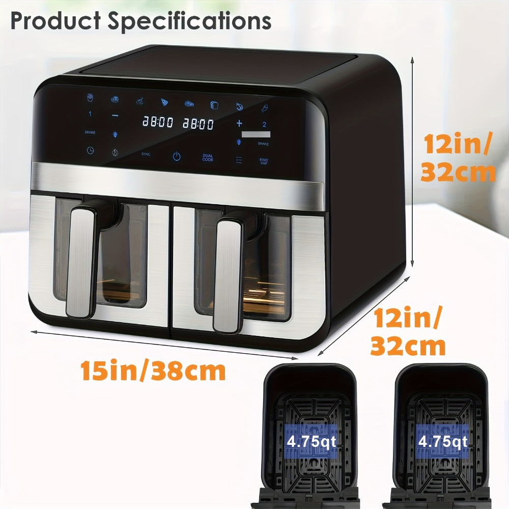 Dual Basket Air Fryer 9.5Qt – 2x4.75Qt Independent Zones, Smart Finish Match Cook, 2400W, 8 Presets, Air Fry Roast Bake Grill, Energy Saving Family-Size Double Basket Air Fryer
