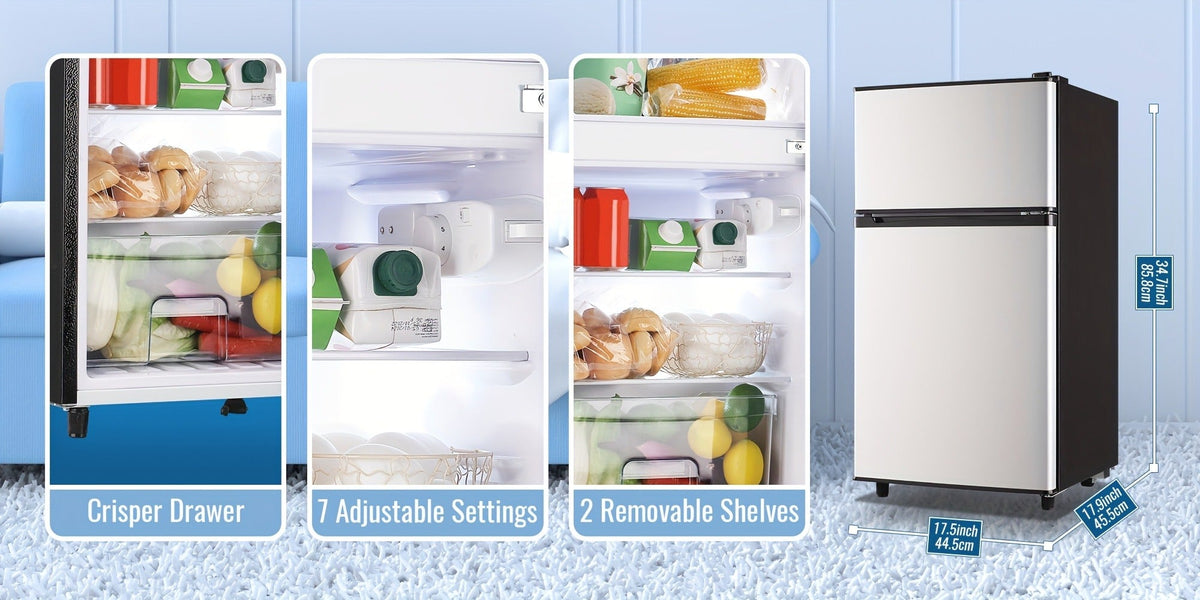 Small Fridge with Freezer, 2-Door Compact Refrigerator with 7-Level Adjustable Thermostat, Removable Shelves & Basket – 2.5 or 3.5 Cu Ft Silver Mini Fridge for Dorm, Office, RV and Bedroom