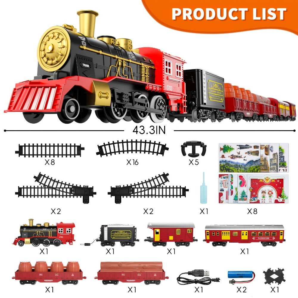Electric Train Set with Smoke, Lights & Sound – 6-Car Christmas Toy Train with Switch Tracks