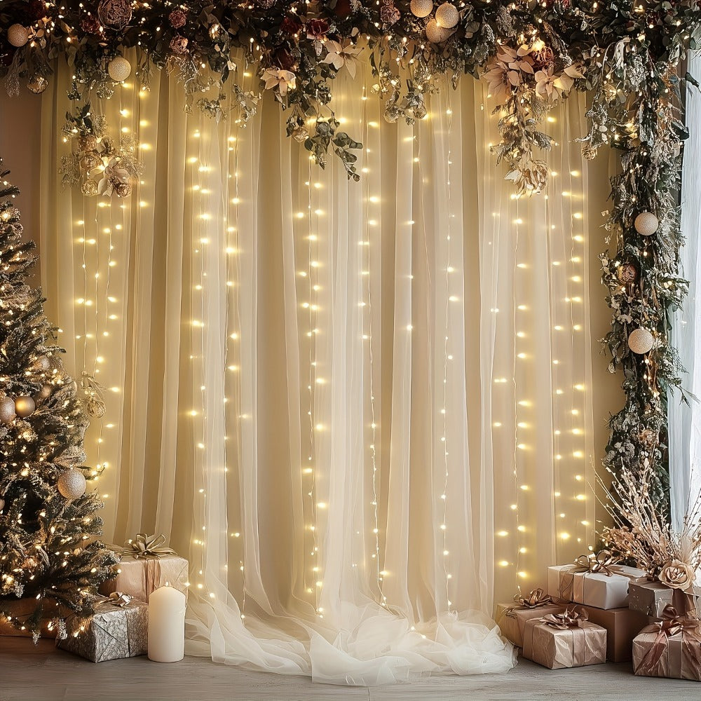 Champagne Tulle Backdrop with String Lights 5.2x10Ft 2pcs Sheer Curtain Photo Booth Props Wedding Party Background Decoration Non-Porous