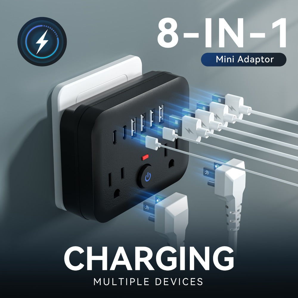 Compact Travel Surge Protector Power Strip 8-in-1 with 2 AC Outlets 4 USB-A Ports 2 USB-C Jacks Overload Protection Wall Mount Mini Portable Charging Station for Home Office Travel – Black or White