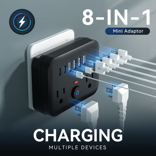 Compact Travel Surge Protector Power Strip 8-in-1 with 2 AC Outlets 4 USB-A Ports 2 USB-C Jacks Overload Protection Wall Mount Mini Portable Charging Station for Home Office Travel – Black or White