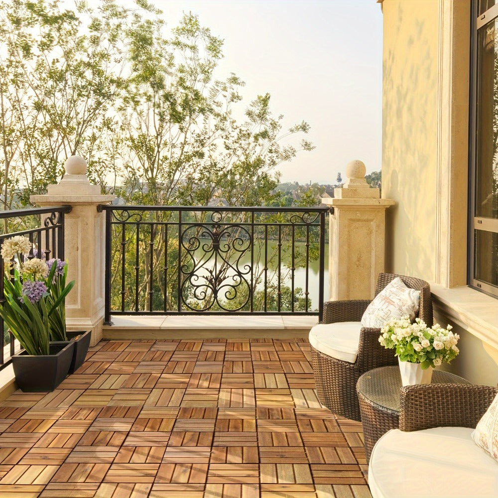Interlocking Acacia Wood Deck Tiles 27-Pack – 12x12 Inch Oil-Finished Slat Tiles, Covers 27 Sq Ft, Tool-Free Install, for Patio, Balcony, Garden, Deck & Indoor Flooring