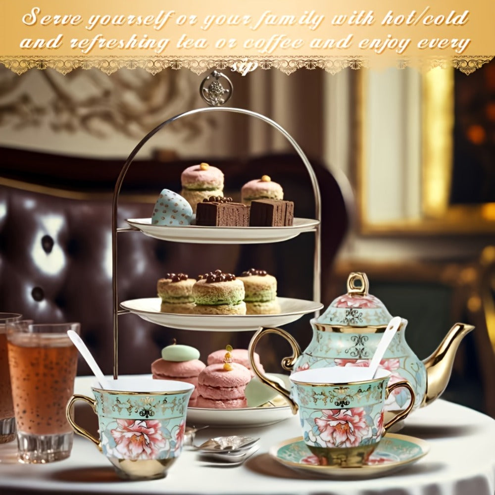 European Floral Ceramic Tea Set 20 Pcs – Italian Style Afternoon Tea Set with Metal Stand – Blooming Pattern Teapot & Cups – Elegant Gift for Tea Lovers & Special Occasions – Golden