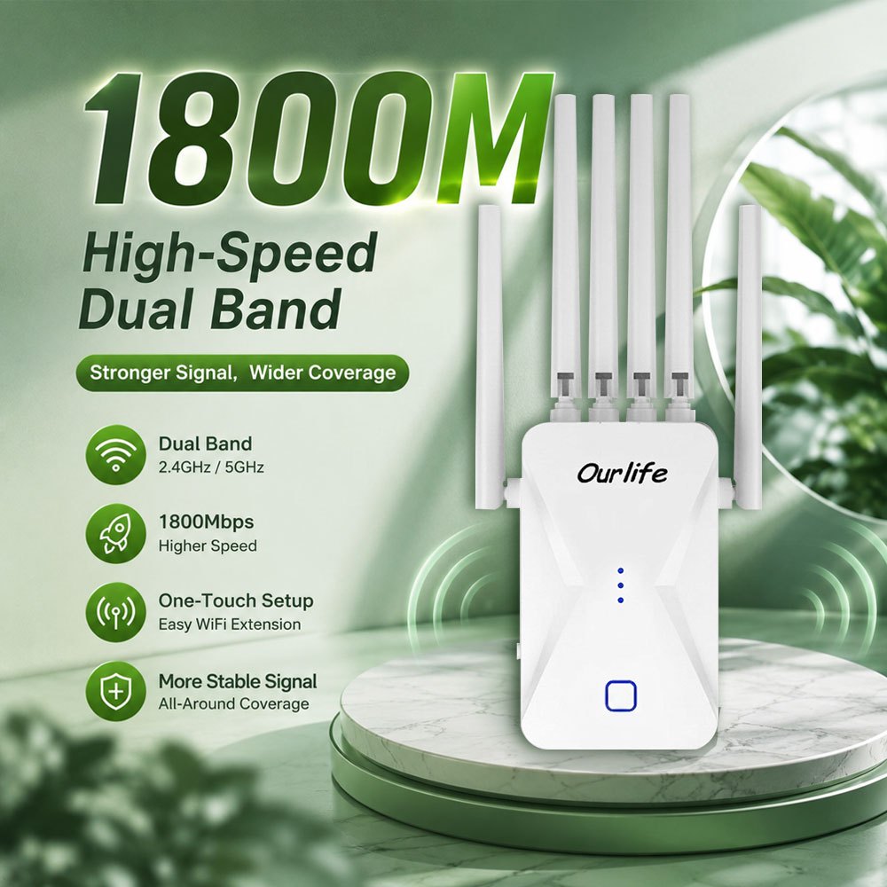 Ourlife WiFi Extender 11000 Sq Ft 6-Antenna 360° - 2.4GHz Signal Enhancer with Ethernet Port, Plug and Play, for Home Shopping Mall Coffee Shop Hotel Large Area Coverage