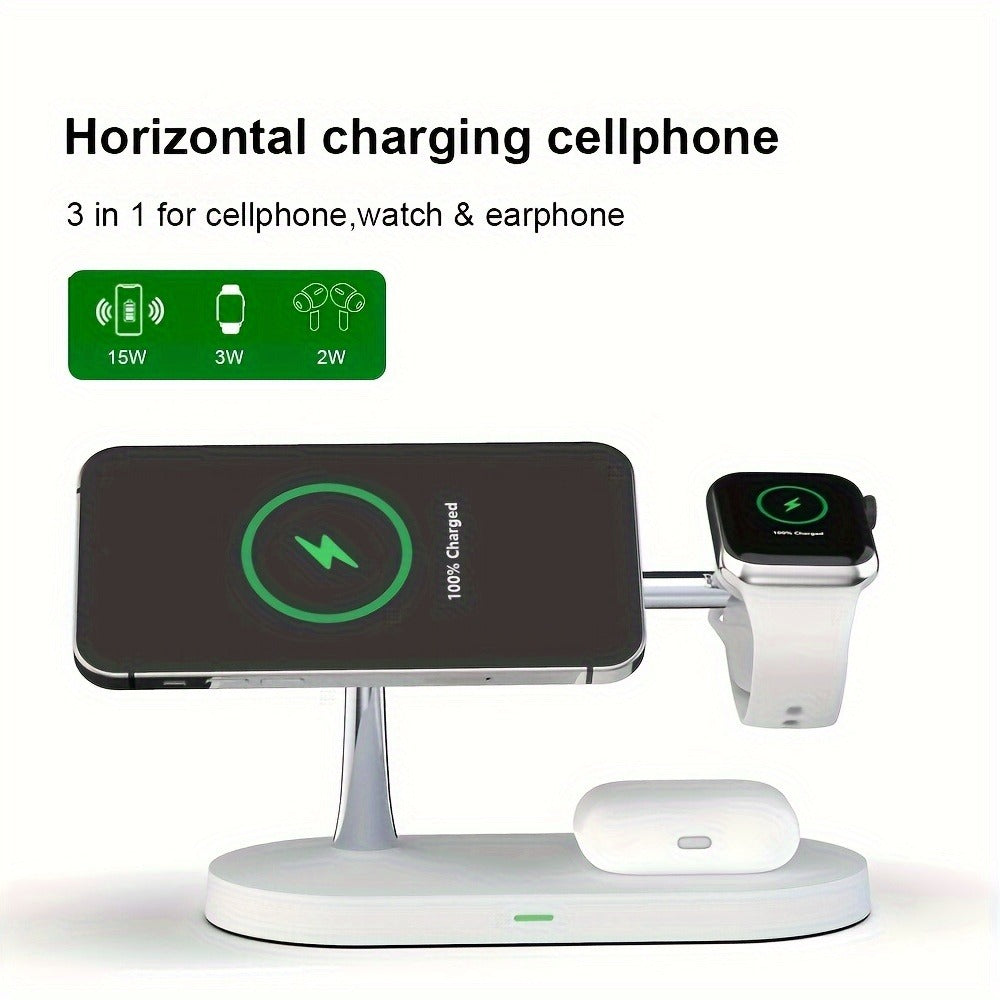 Wireless Charging Station 3-in-1 QC3.0 Adapter Included Magnetic Fast Charger Stand for iPhone 15 14 13 12 11 Pro Max Mini XR XS X SE 8, Apple Watch Series 1-9 Ultra, AirPods 4 3 2 Pro – White Black