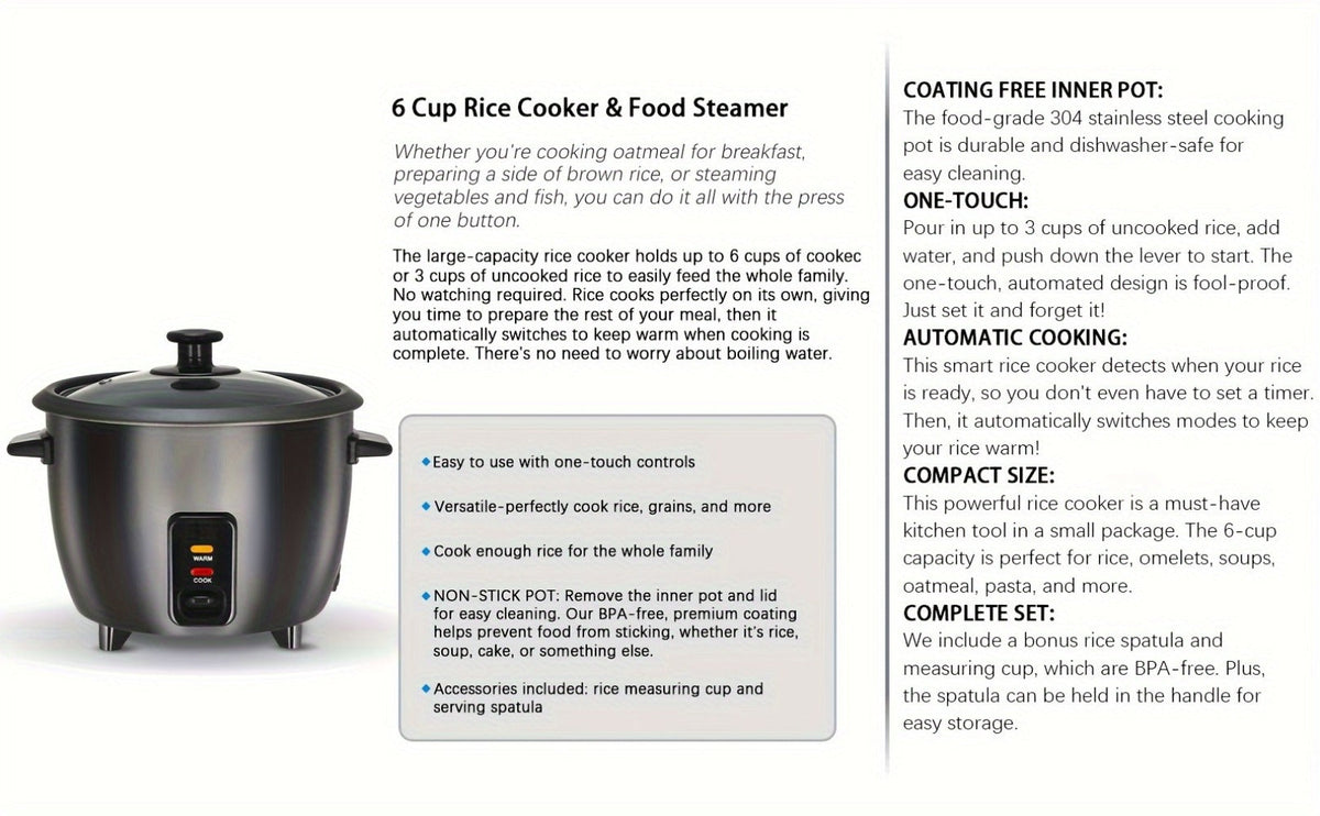 Rice Cooker & Yogurt Maker 1.5Qt – 6-Cup Non-Stick Electric Rice Cooker with Auto Keep Warm, One-Touch, Stainless Steel Liner, Steamer for Rice, Oatmeal, Soup & Yogurt