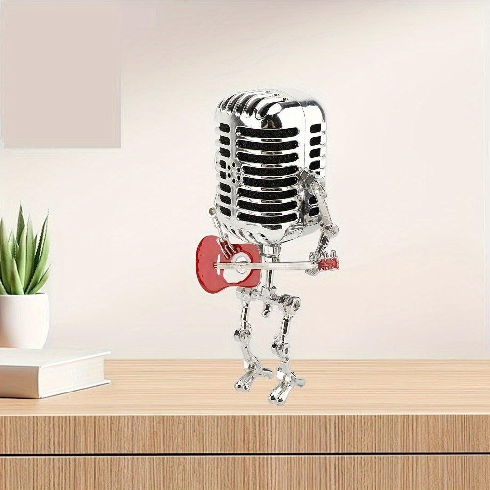Vintage Microphone Robot Guitar Lamp USB Powered – Retro Decorative Night Light for Music Lovers, Guitar Players, Home, Bar & Office Desk Decor (Red / Yellow)