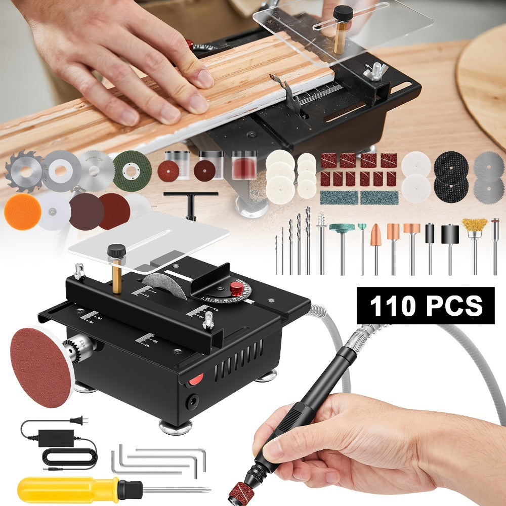 Mini Table Saw Multifunctional Desktop Cutting Machine – 100W Motor, 7-Speed Adjustable, 0–90° Angle Cut, 4 Saw Blades Included, Portable DIY Table Saw for Wood, Metal, Plastic, PCB, Acrylic – with Extra Accessories Option