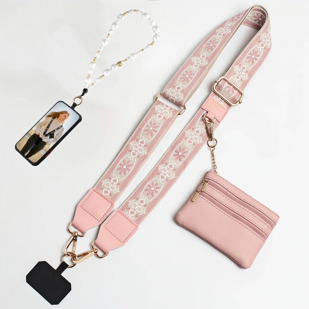 Crossbody Phone Strap Wallet Pouch with Beaded Charm Detachable Wrist Lanyard Card Holder Hands-Free Shoulder Strap for Women Girls iPhone Samsung – Green Purple Brown Pink 5 Colors