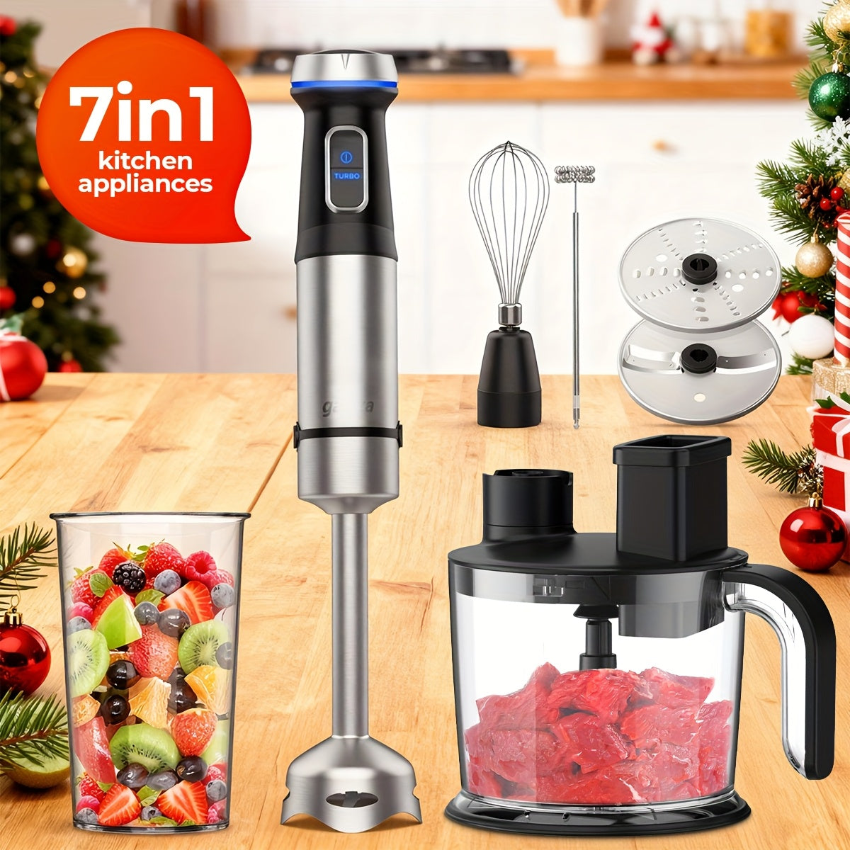 Immersion Blender 7-in-1 Hand Blender 1000W - 16-Speed Handheld Stick Blender with Stainless Steel Blade, 27oz Mixing Beaker, 20oz Chopper, Whisk & Milk Frother, for Soups, Smoothies & Baby Food