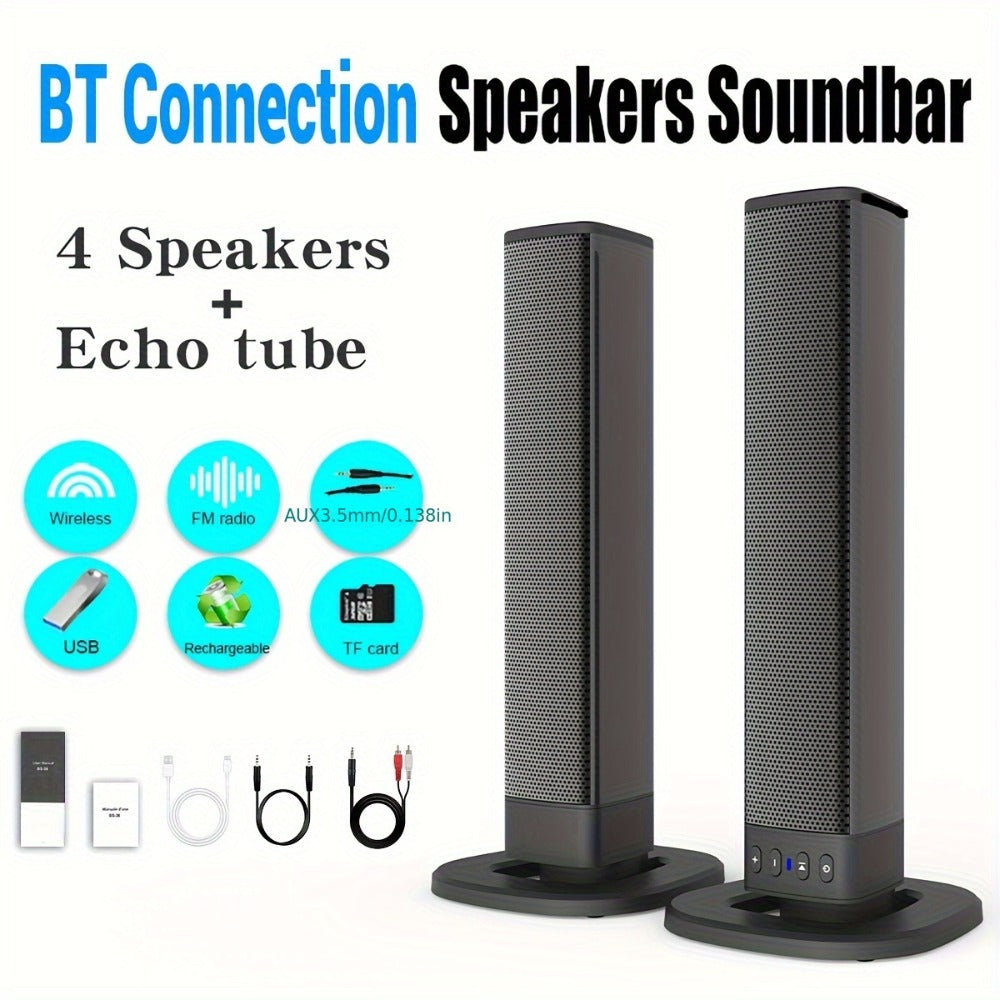 Sound Bar with 4 Subwoofers 20W Hi-Fi Wireless Surround Sound System Bluetooth 5.0 TWS Wall Mountable EQ Modes AUX USB TF FM for TV Computer Gaming Home Theater