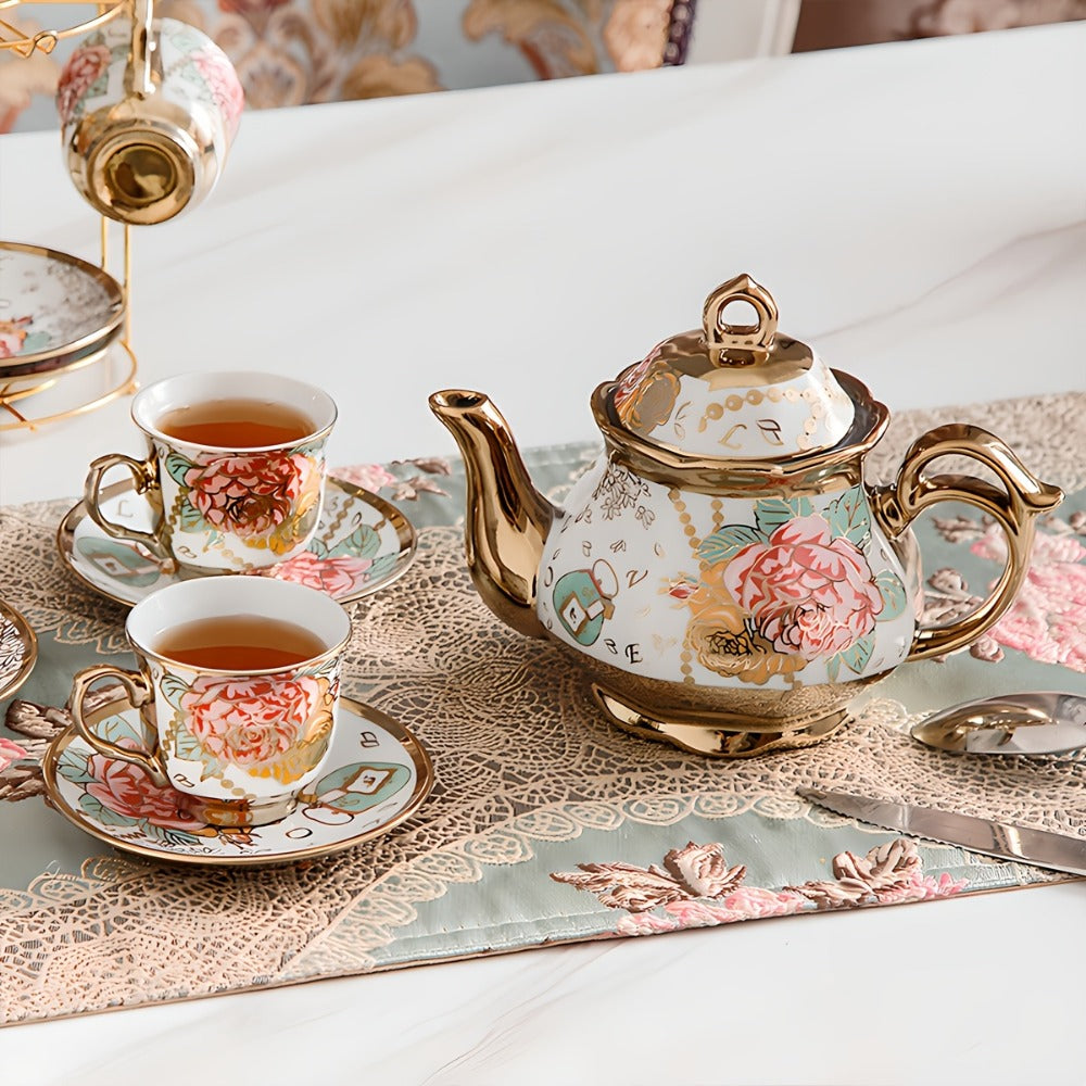 Floral Ceramic Tea Set 20 Pcs – European Porcelain Tea Cups & Saucers with Metal Holder & 15 Oz Teapot – Luxury Arabic Coffee Cup Set for Espresso, Cappuccino & Afternoon Tea – Elegant Gift