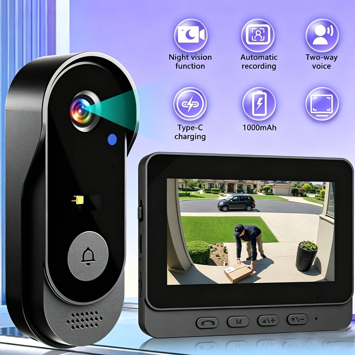 2.4G Direct Connect Video Doorbell with 4.3" Color Monitor - No WiFi No App, Two-Way Audio, 120° Wide Angle, Waterproof, 128GB SD, 6+ Month Battery Life, Color Night Vision, Rechargeable