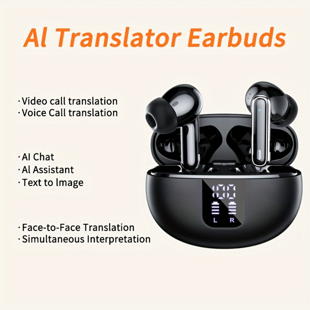 6-Mic AI Translation Earphones 3-in-1 Smart Noise Cancelling, Translate 144 Languages HiFi Sound Long Battery Life, Universal Smartphone Wireless Earbuds for Business Travel Meetings International Use
