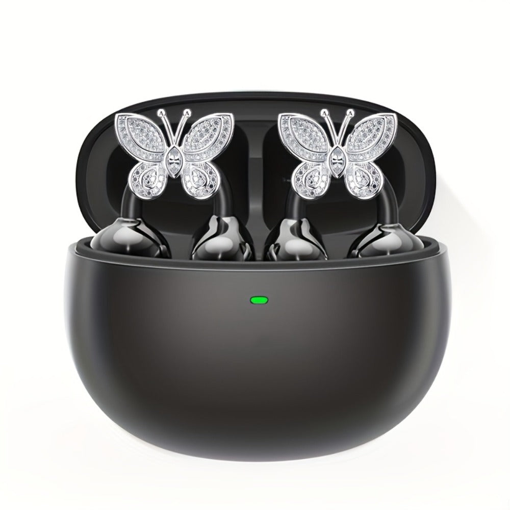 Clip On Wireless Earbuds Open Ear Bluetooth Headphones with Detachable Gemstone Earrings ANC Noise Reduction HD Stereo Hands-Free for Sports Exercise Work Study Outdoors