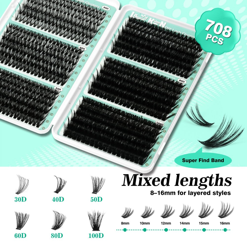 Lash Clusters Kit 708Pcs with Tweezers, Glue & Brush – Soft Silky Fiber False Eyelashes Full Voluminous DIY Lash Extension Set for Party, Wedding, Bridal & Daily Makeup, Beginner to Pro