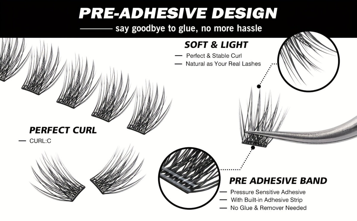 Invisible 2-Strip Tape Lash Clusters 156Pcs — Pre-Glued Self-Adhesive Eyelash Extensions, No Glue No Sticky Residue, Volume Mixed Longer-Lasting DIY Cluster Lashes for Women Sensitive Eyes