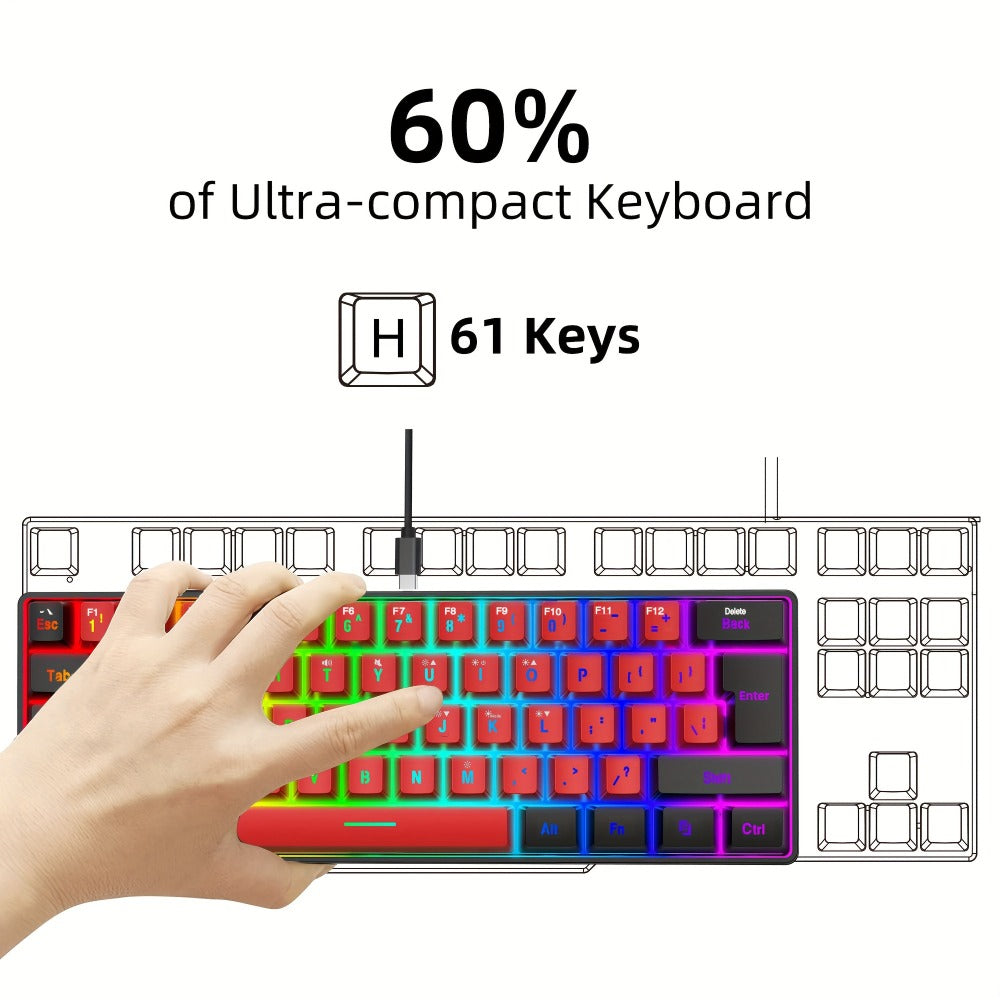 60% Mini Wired Gaming Keyboard SNPURDIRI RGB Backlit Ultra-Compact Film Keys – Space-Saving Tenkeyless Design for PC Gamers, Desktop & Laptop, Black Red Color Options
