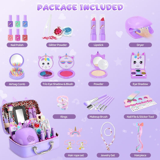 Kids Makeup Set for Girls – 2-in-1 Princess Makeup & Nail Art Kit with Mini Dryer & Accessories
