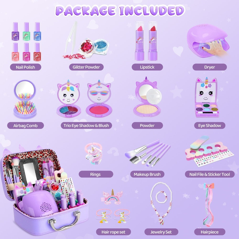 Kids Makeup Set for Girls – 2-in-1 Princess Makeup & Nail Art Kit with Mini Dryer & Accessories