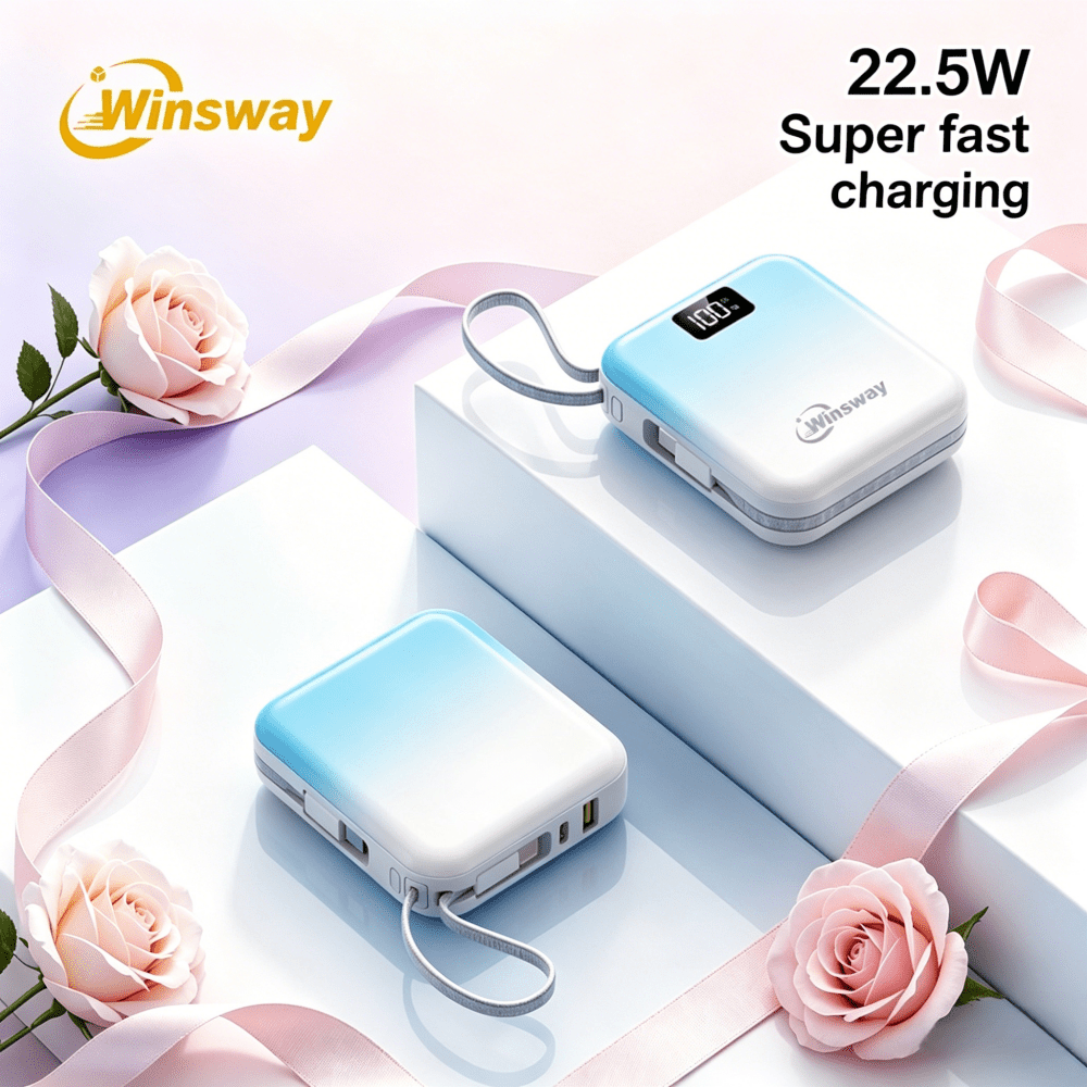 Mini Compact Power Bank 10000mAh Winsway 22.5W Fast Charging – Built-in Dual Cables USB-C & USB-A, Gradient Design, LED Display, Ultra-Lightweight Portable Charger for Travel Boarding Outdoor Gift