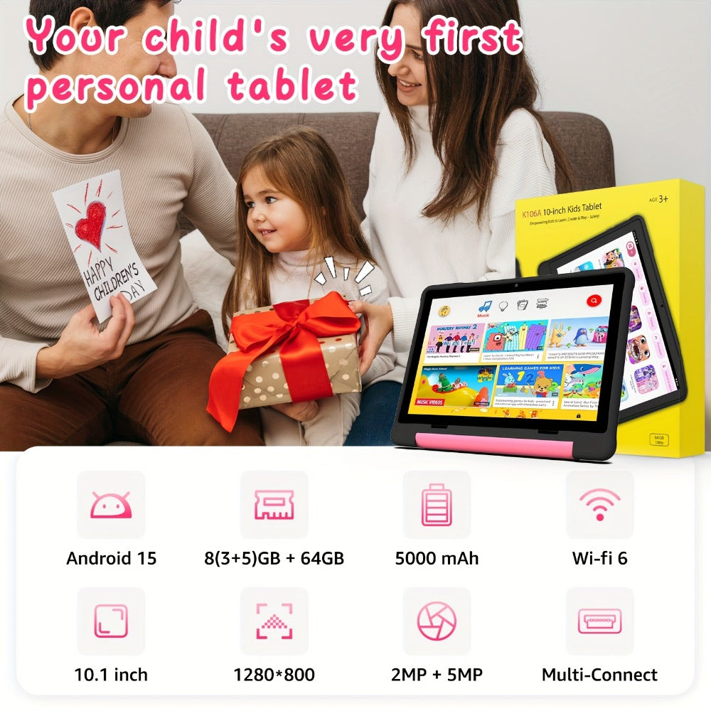 Apolosign Kids Tablet 10 Inch 64GB, Android 15 8-Core 8GB RAM WiFi 6, 1280x800 HD Display 5MP+2MP Camera, Parental Control Educational Shockproof Case, 2025 Model Children Tablet for Ages 3-12 – Black Navy Purple Blue Pink