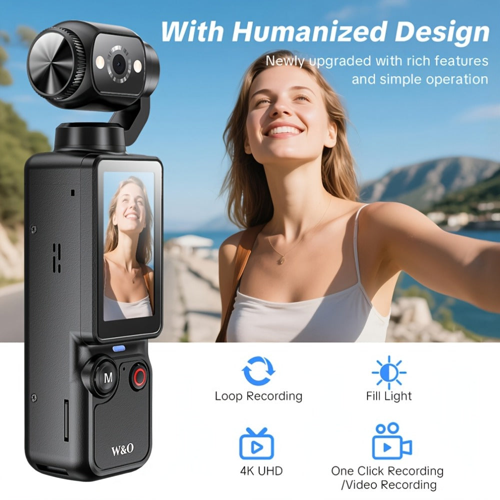 4K Pocket Sports Camera with Gimbal Stabilizer 16X Zoom 180 Degree Rotation 2000mAh Rechargeable 32GB Memory USB Charging Portable Vlog Body Camera for Outdoor Sports Travel Content Creators Black White