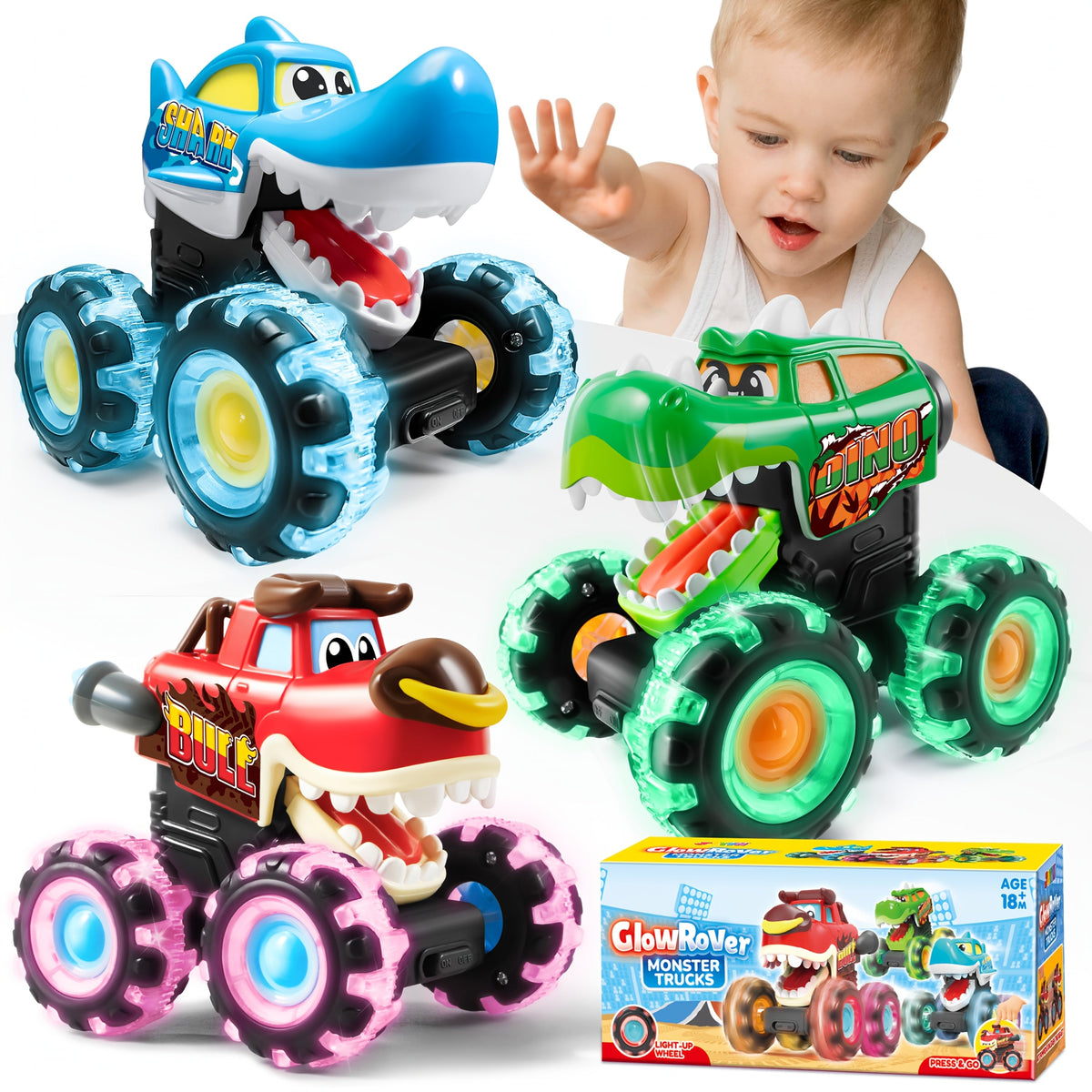 Monster Truck Toy 3-Pack with LED Lights, Press-and-Go Shark, Bull & Dinosaur