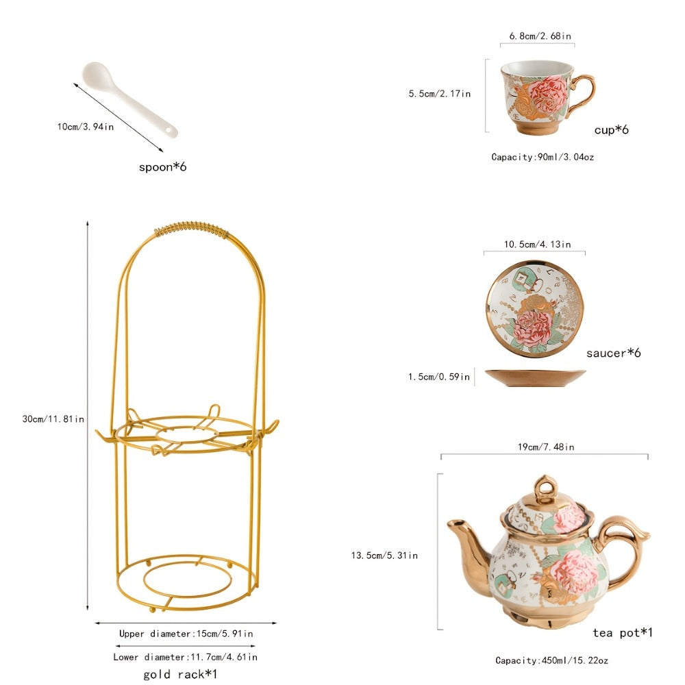 Floral Ceramic Tea Set 20 Pcs – European Porcelain Tea Cups & Saucers with Metal Holder & 15 Oz Teapot – Luxury Arabic Coffee Cup Set for Espresso, Cappuccino & Afternoon Tea – Elegant Gift