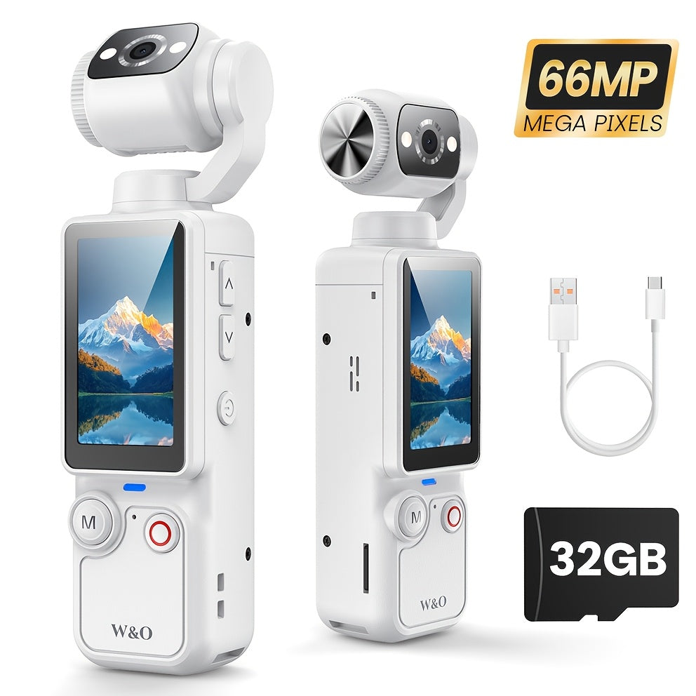 4K Pocket Sports Camera with Gimbal Stabilizer 16X Zoom 180 Degree Rotation 2000mAh Rechargeable 32GB Memory USB Charging Portable Vlog Body Camera for Outdoor Sports Travel Content Creators Black White