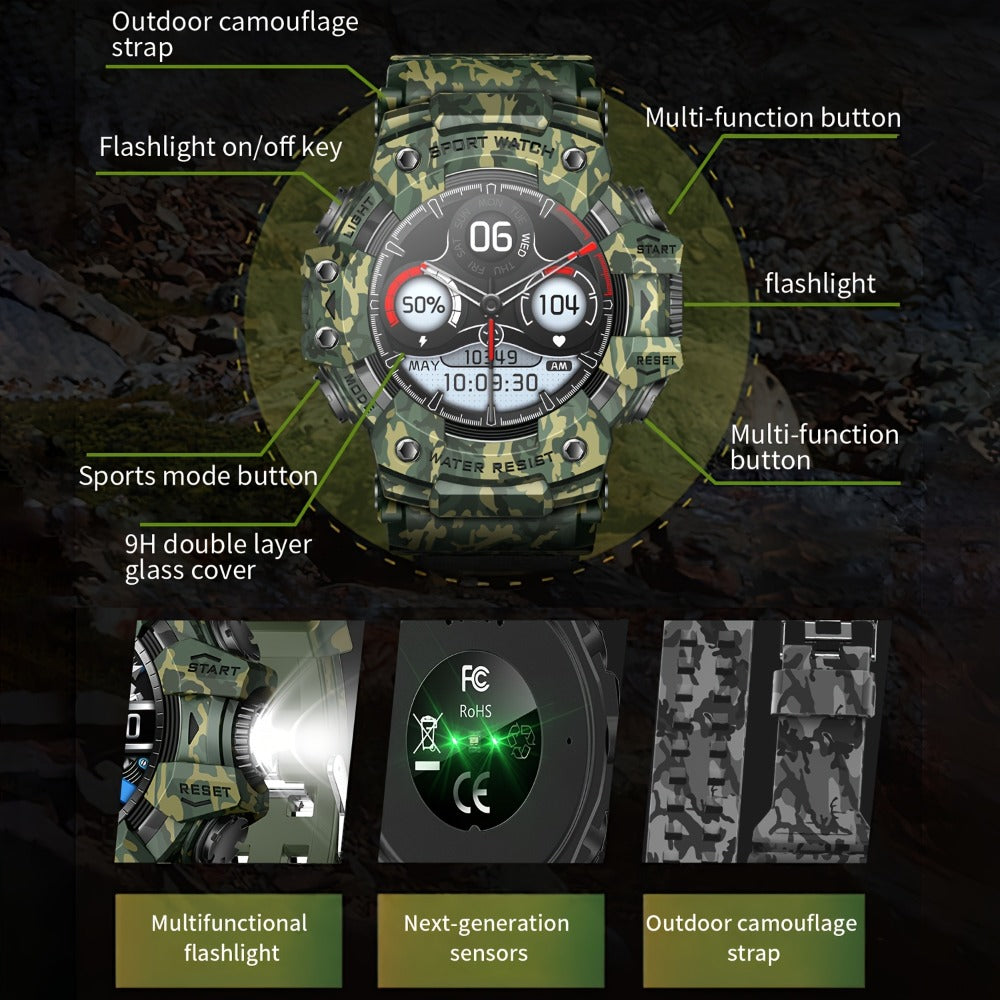 Tactical Smartwatch for Men, LED Flashlight & SOS Emergency, 1.32" TFT Screen, Bluetooth Calling, 100+ Sport Modes, Heart Rate SpO2 Sleep Tracker, Camouflage & Matte Colors – iPhone & Android Compatible