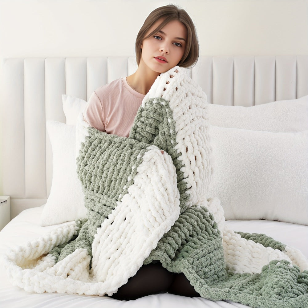 Chunky Chenille Cable Knit Throw Blanket – 350-400gsm Soft Warm Crochet Throw for Sofa, Bed & Couch, Vintage Patchwork, 14 Colors