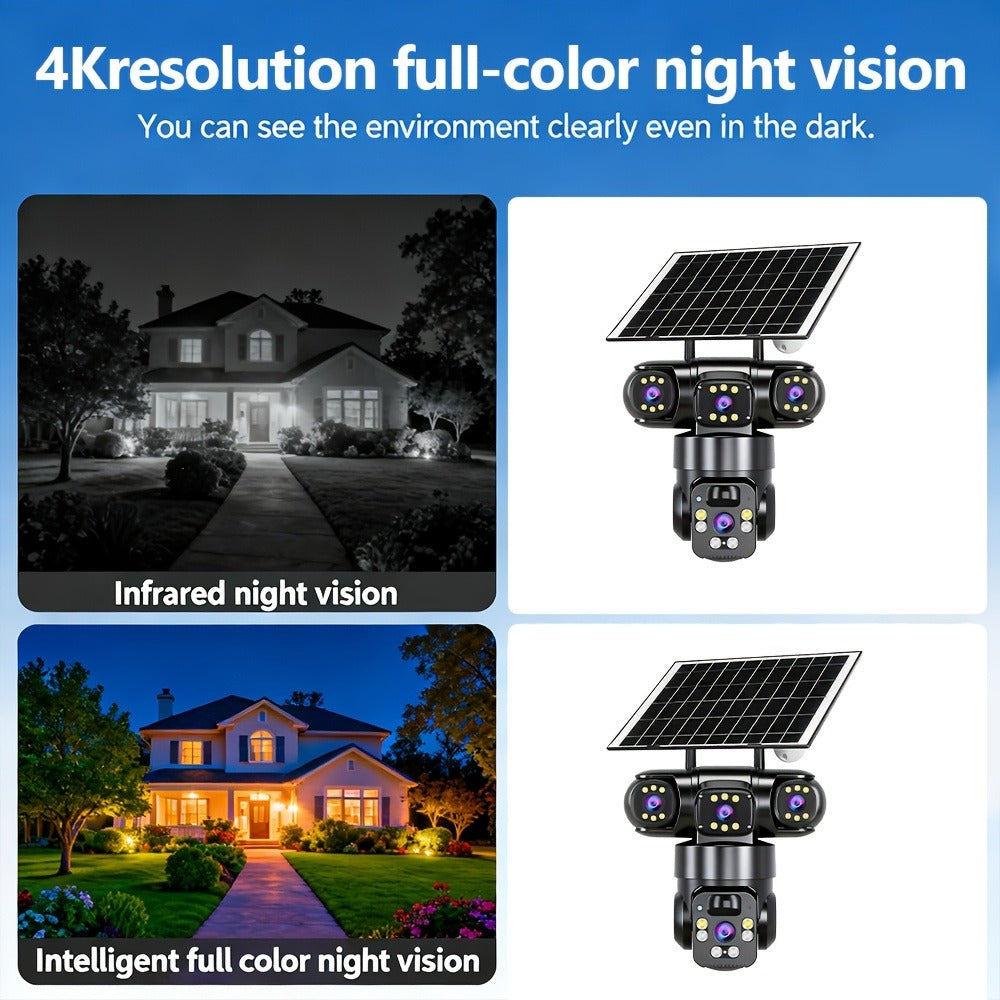 4K Solar Powered Outdoor Security Camera PTZ 360° Triple Lens Panoramic 10X Zoom 8000mAh Battery WiFi AI Human Detection Color Night Vision Two-Way Audio Driveway Farm