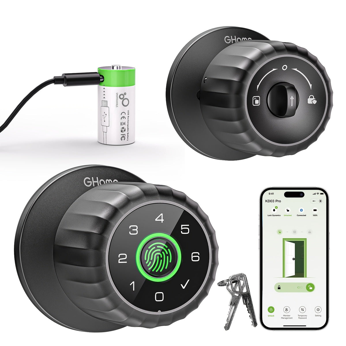 GHome KD03 PRO Smart Door Knob 4-in-1 with USB-C Charging & Gateway Remote - Fingerprint, Keypad & App, Anti-Peep, Tamper Alarm, Emergency Power, Keyless Entry, Black