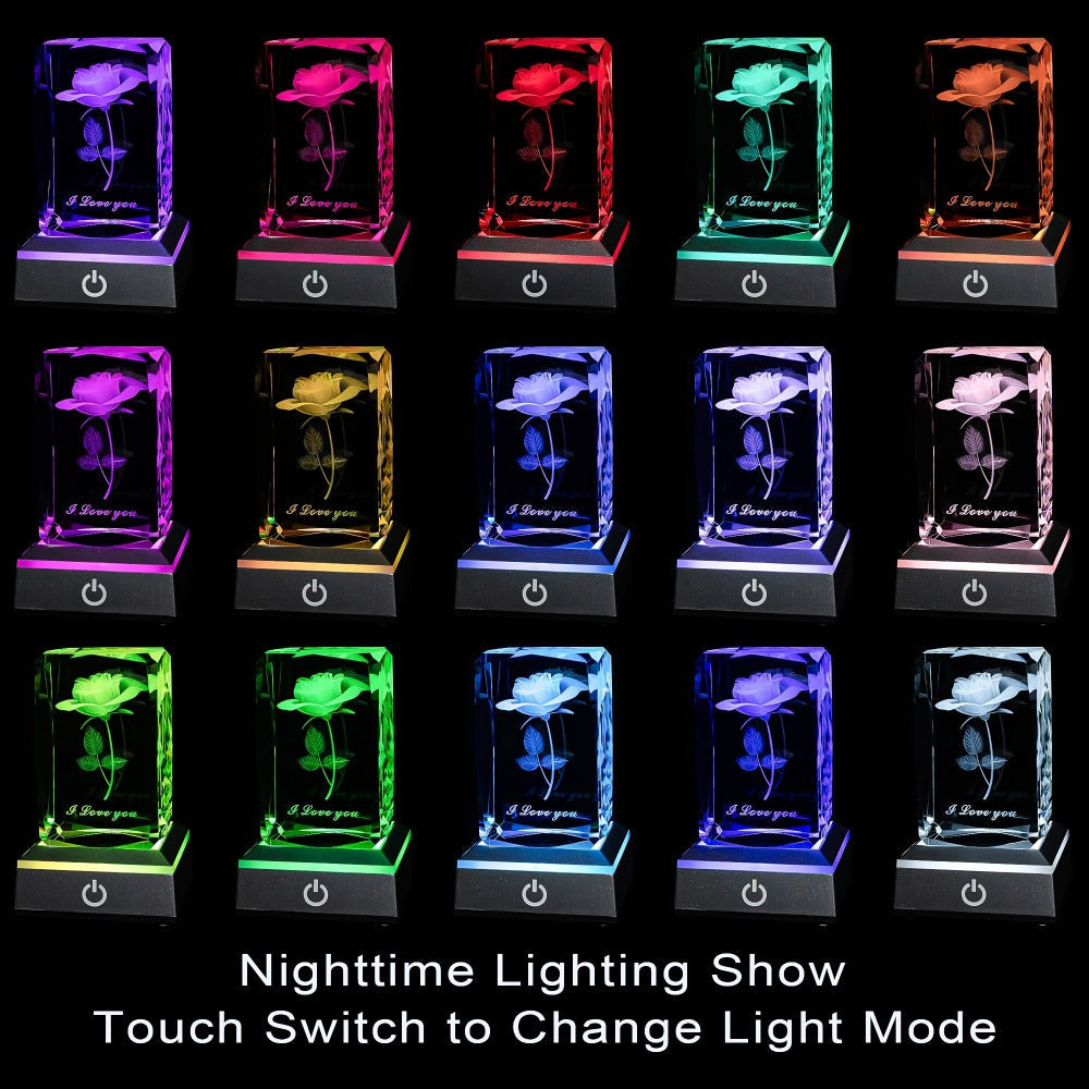 Rose Crystal LED Night Light – Colorful Floral LED Sign Lamp, Romantic Desk Light for Bedroom Vanity, Unique Gift for Girlfriend Wife Mom on Women's Day Anniversary Birthday (4 Styles)