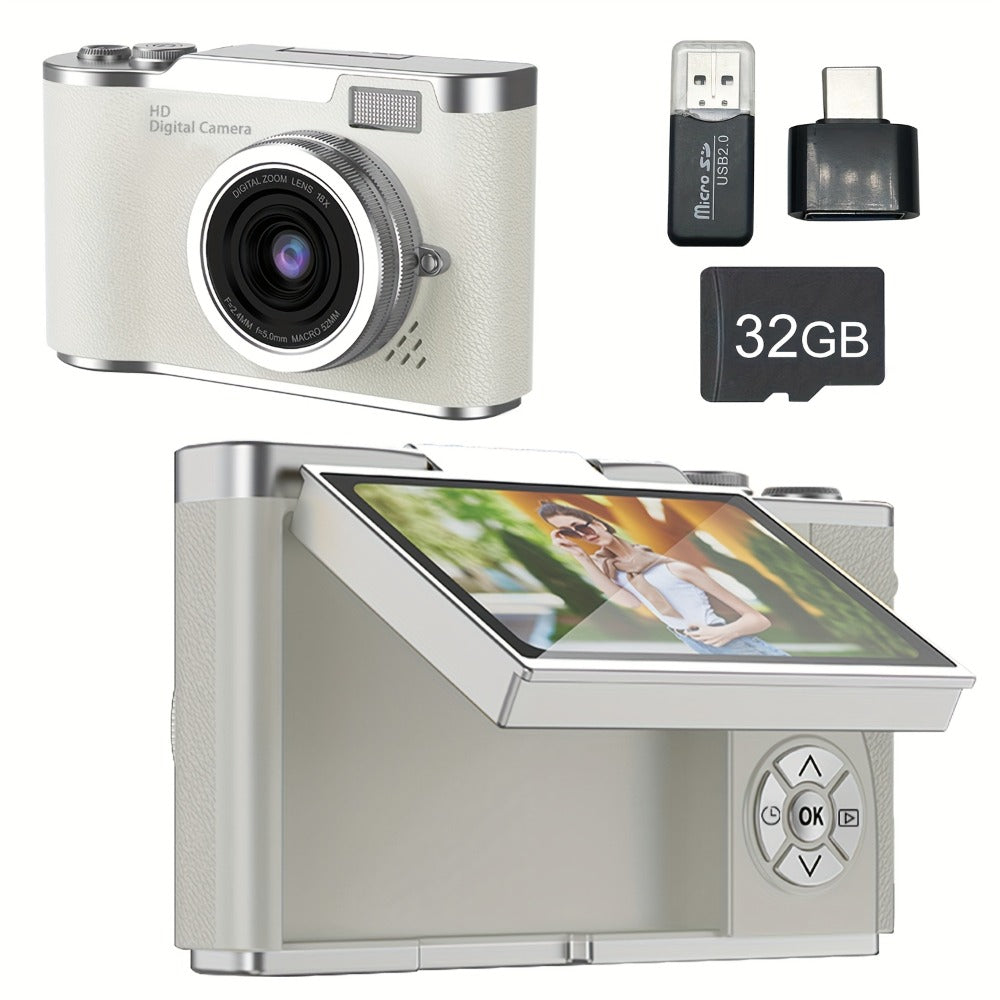 1080P Vlogging Camera for Beginners with 32GB Card 2.4 Inch LCD Screen Rechargeable Digital Camera for Photos Videos Webcam Use Compact Point and Shoot Camera Gift for Teens Kids Adults White Black Pink