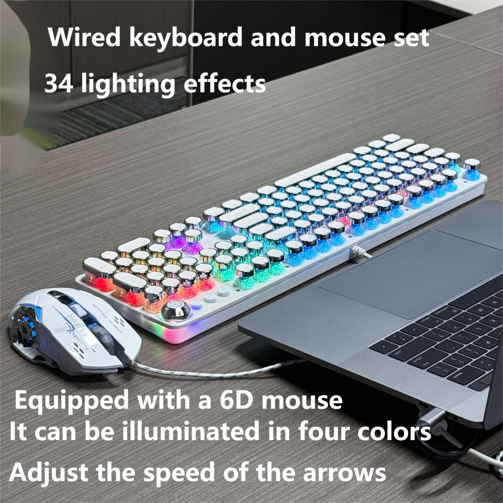 Cyberpunk Retro Typewriter Mechanical Keyboard 104 Keys Full-Size with Multi-Function Knob Backlit Round Keys Ergonomic Spill-Proof USB Wired for Desktop Laptop Windows Mac Gaming Typing