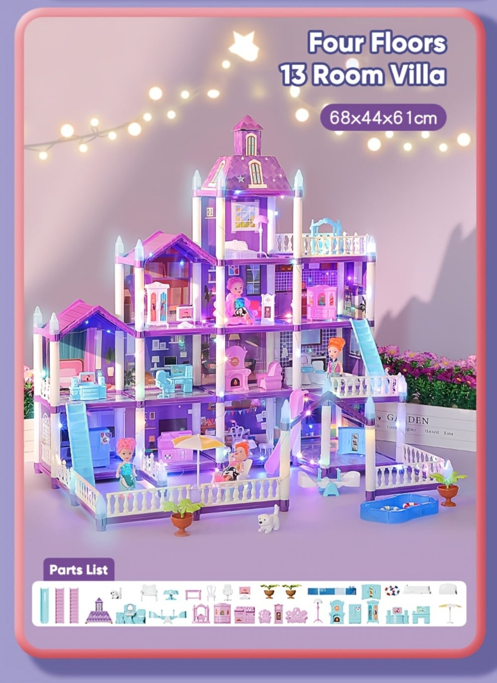 Purple LED Dollhouse Playset with 6 to 16 Room Options and Furniture