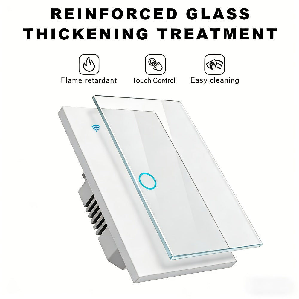 White Glass WiFi Bluetooth Touch Screen Smart Switch 1/2/3/4 Gang – Scratch-Resistant, Works with Alexa & Google Home, Tuya App, Smart Scenes, Timer, Share Function, 600W/Gang, Neutral Required