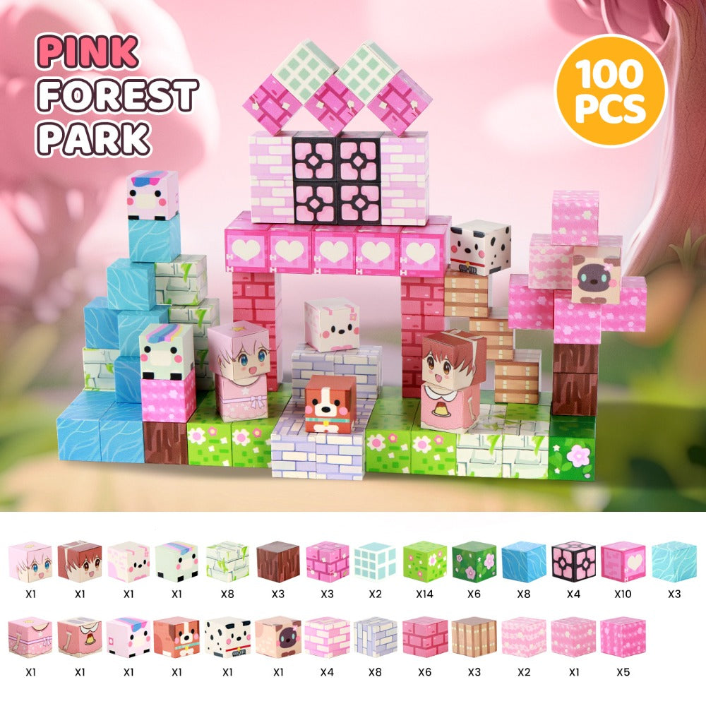 100-Piece Pink Forest Park Magnetic Building Block Set